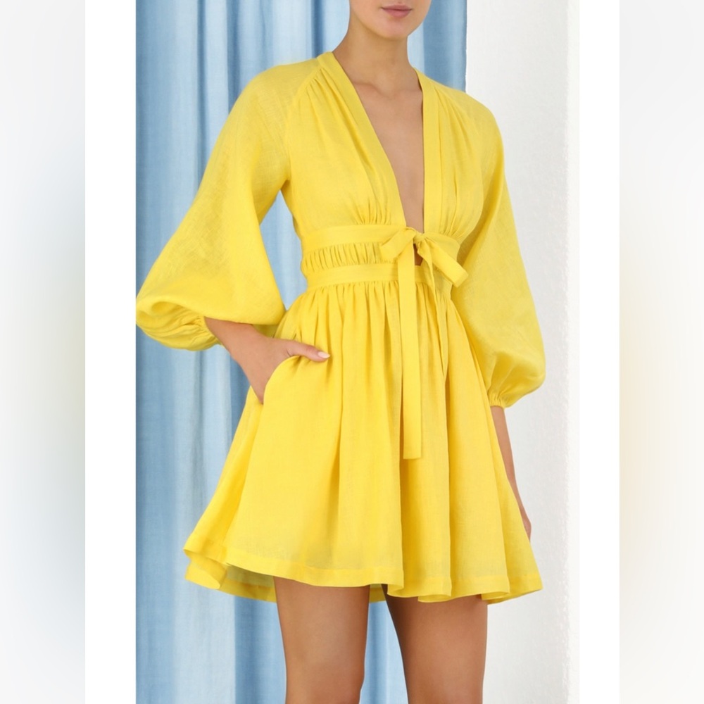 Zimmermann yellow linen Shelly plunge bow mini dress - Picture 5 of 14